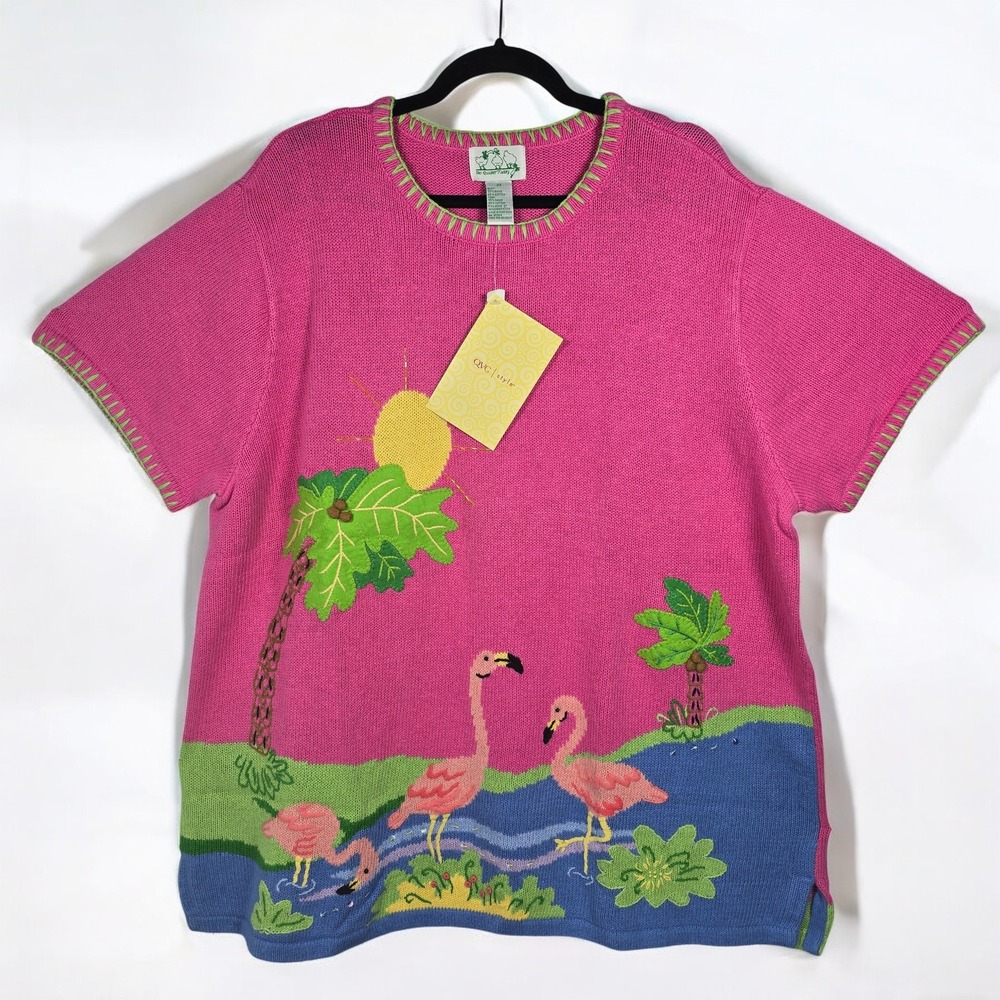 Bright Pink Flamingo Graphic Short-Sleeve Sweater